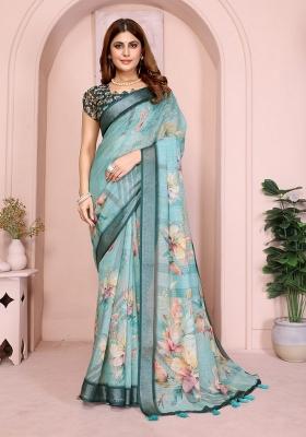 Light Green Zari Work Silk Blend Saree Set