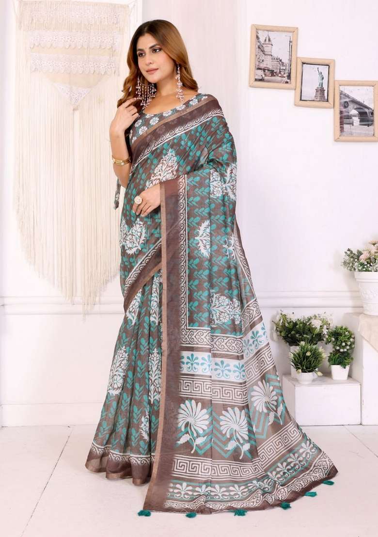 Brown Zari Work Silk Blend Saree Set for Diwali and Festive Wear - Indya