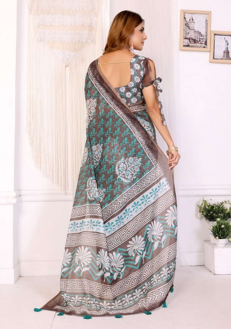 Brown Zari Work Silk Blend Saree Set for Diwali and Festive Wear - Indya