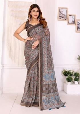 Brown Zari Work Silk Blend Saree Set