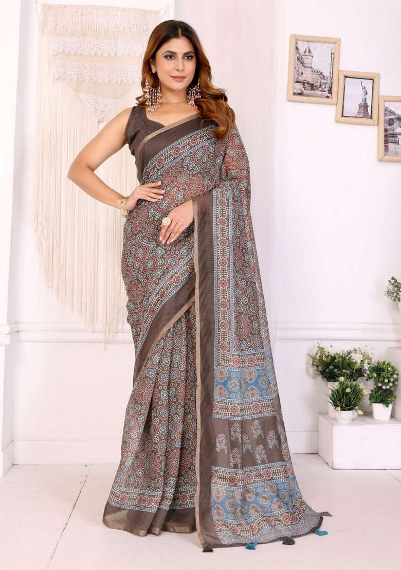 Brown Silk Blend Saree Set with Zari Work for Diwali | Wedding & Festive Wear - Indya