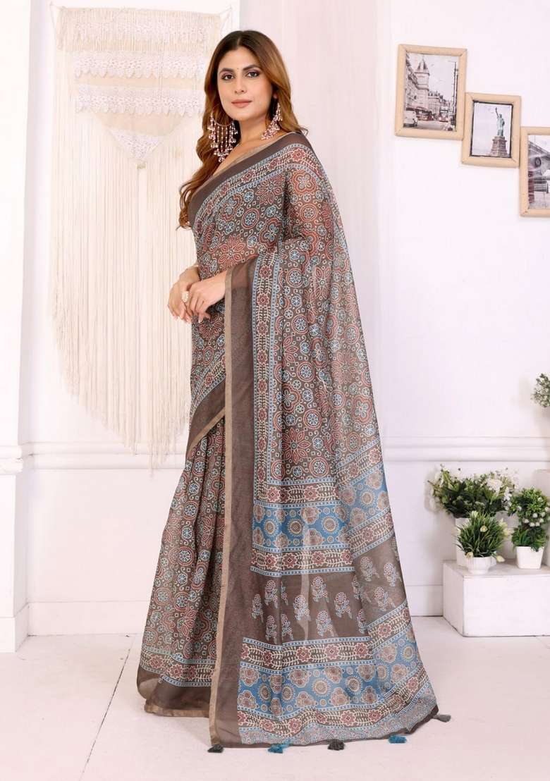 Brown Silk Blend Saree Set with Zari Work for Diwali | Wedding & Festive Wear - Indya