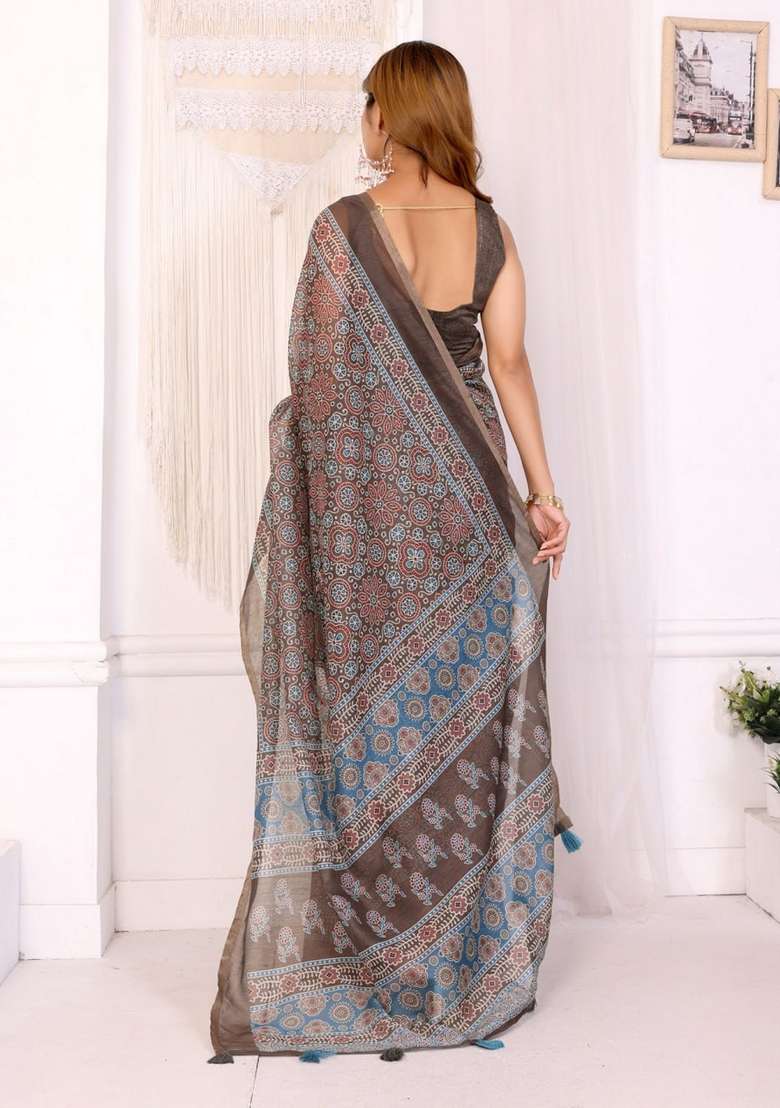 Brown Silk Blend Saree Set with Zari Work for Diwali | Wedding & Festive Wear - Indya