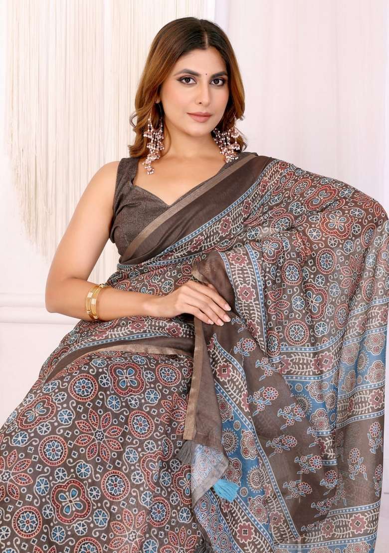 Brown Silk Blend Saree Set with Zari Work for Diwali | Wedding & Festive Wear - Indya