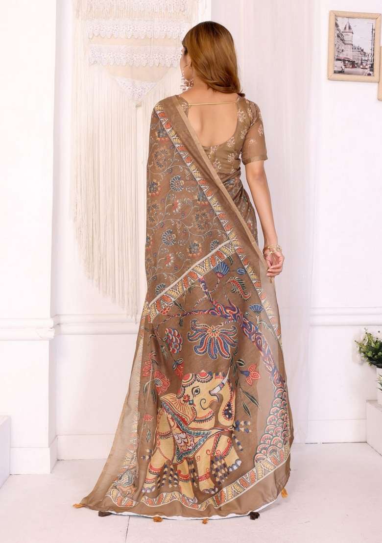 Brown Zari Work Silk Blend Saree Set for Diwali and Festive Wear - Indya