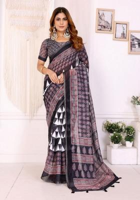 Black Zari Work Silk Blend Saree Set
