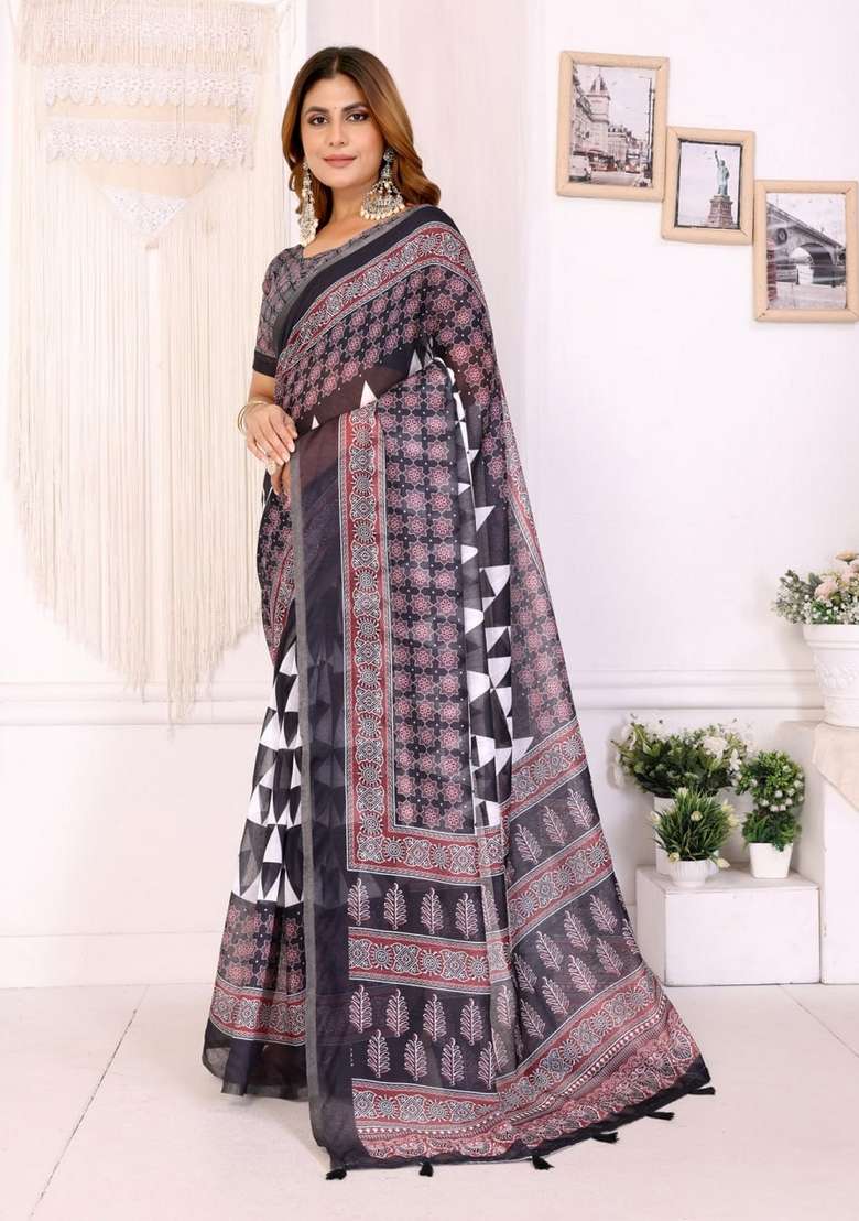 Black Silk Blend Saree Set with Zari Work for Diwali | Wedding & Festive Wear - Indya