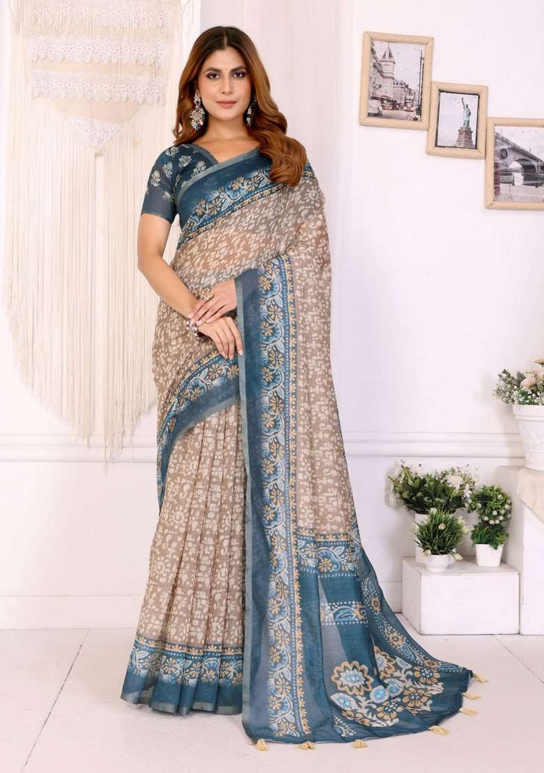 Brown Silk Blend Saree Set with Zari Work for Diwali | Wedding & Festive Wear - Indya