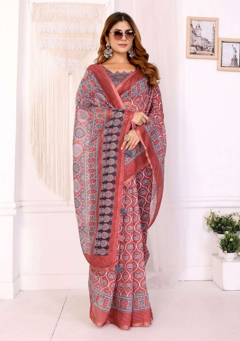 Orange Silk Blend Saree Set with Zari Work for Diwali | Wedding & Festive Wear - Indya