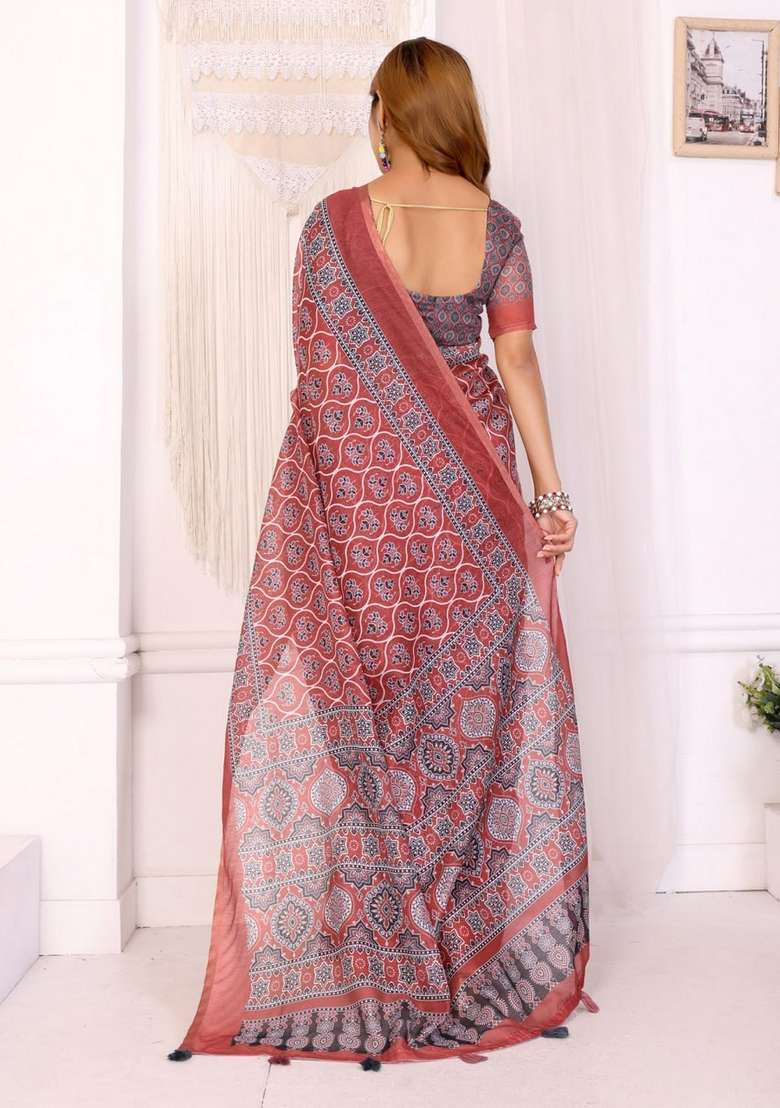 Orange Silk Blend Saree Set with Zari Work for Diwali | Wedding & Festive Wear - Indya