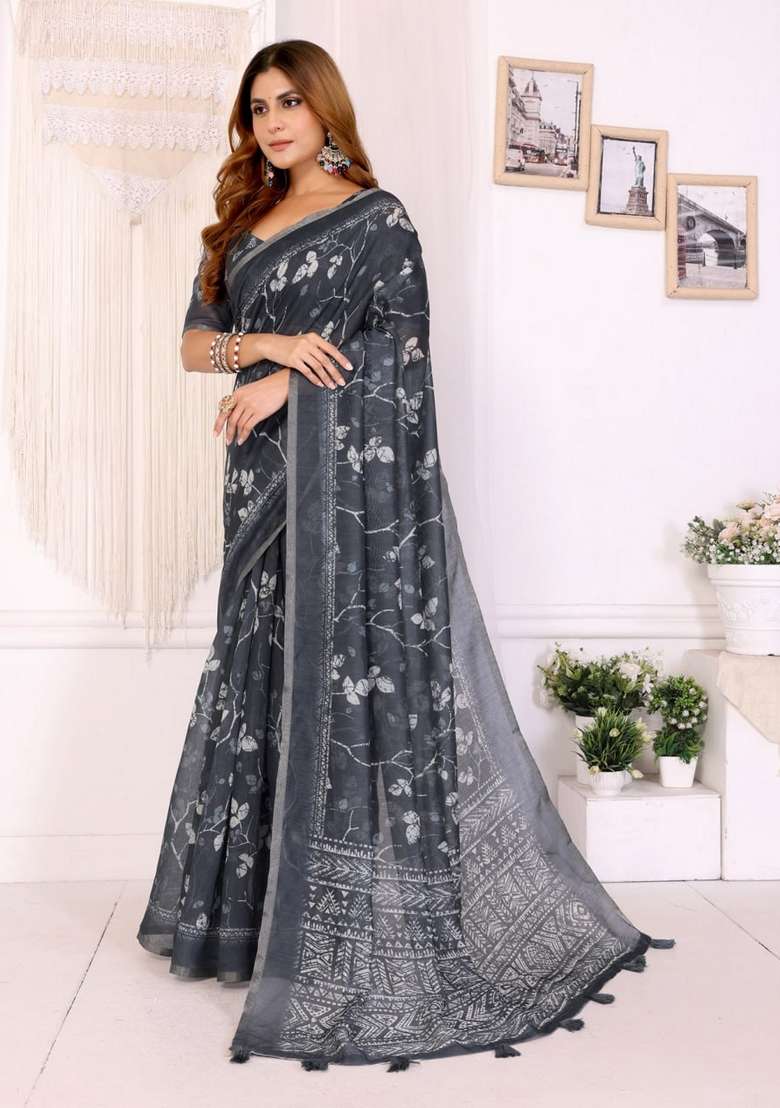Black Zari Work Silk Blend Saree Set for Diwali and Festive Wear - Indya