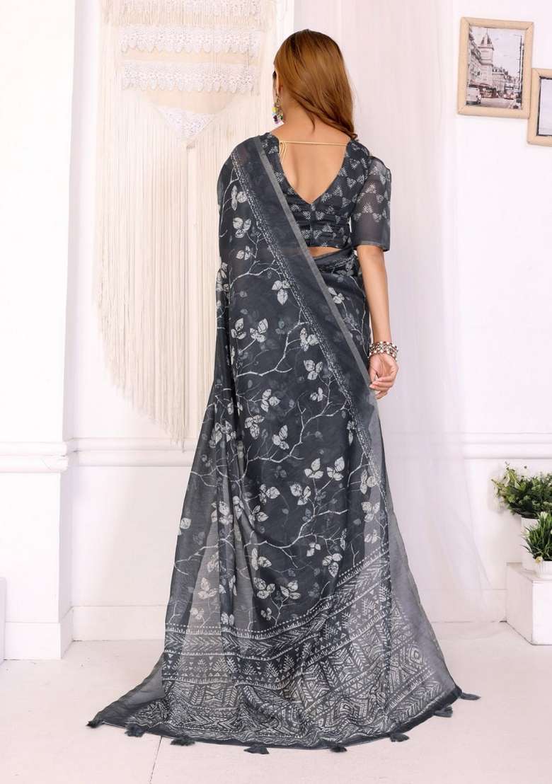 Black Zari Work Silk Blend Saree Set for Diwali and Festive Wear - Indya