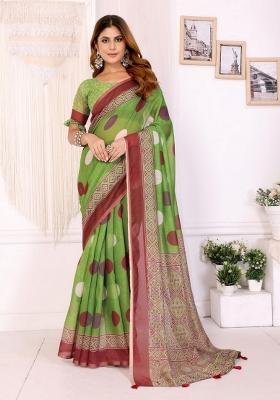 Parrot Green Zari Work Silk Blend Saree Set