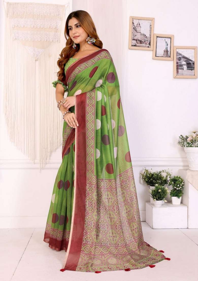 Parrot Green Zari Work Silk Blend Saree Set for Diwali and Festive Wear - Indya