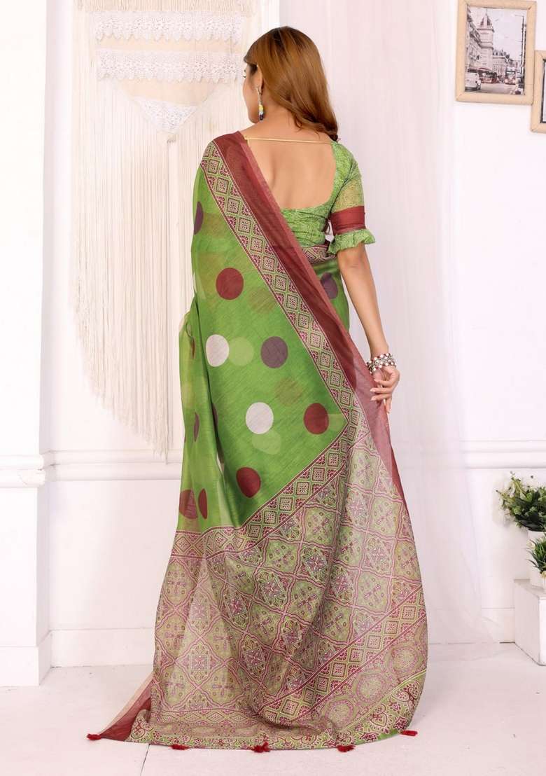 Parrot Green Zari Work Silk Blend Saree Set for Diwali and Festive Wear - Indya