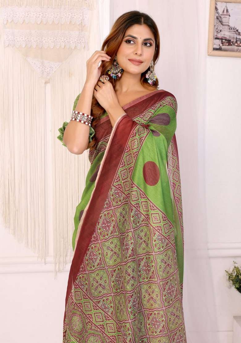 Parrot Green Zari Work Silk Blend Saree Set for Diwali and Festive Wear - Indya