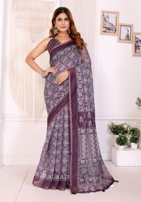 Wine Zari Work Silk Blend Saree Set