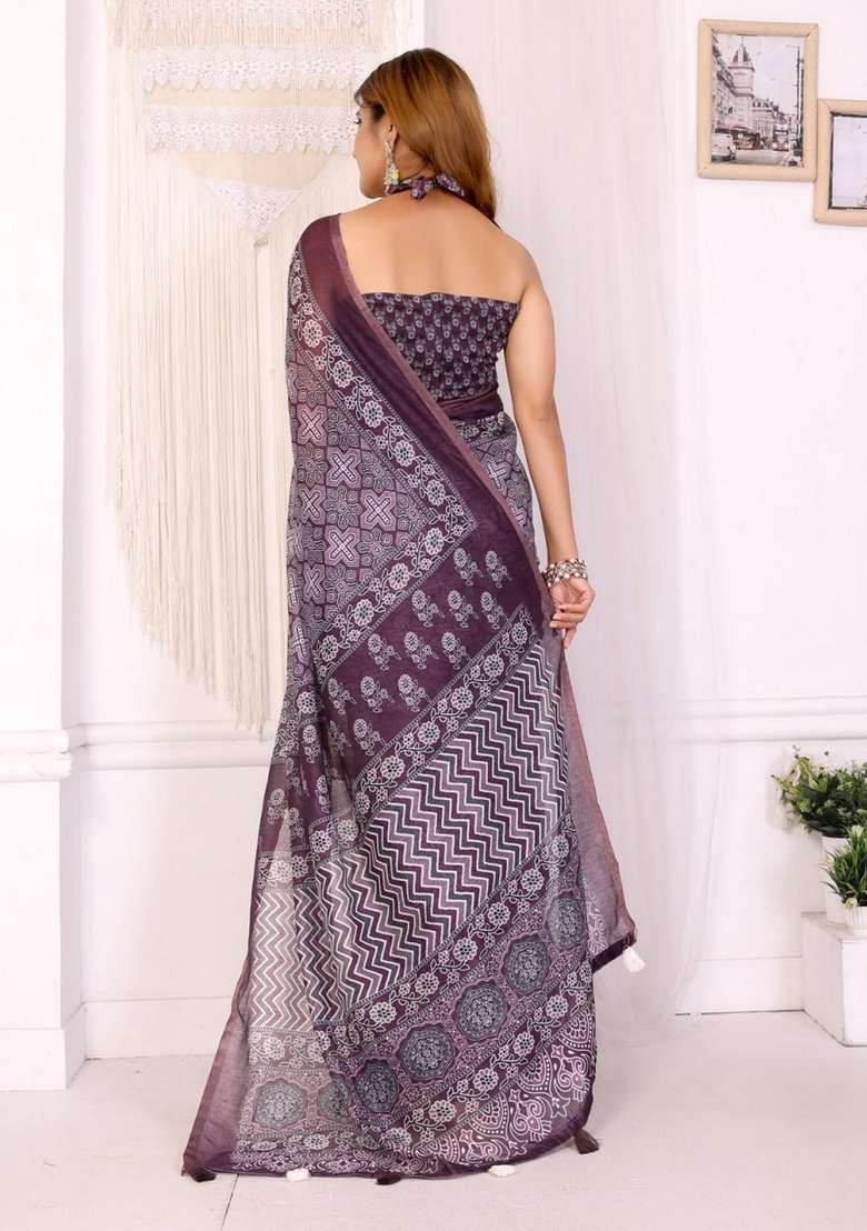 Wine Silk Blend Saree Set with Zari Work for Diwali | Wedding & Festive Wear - Indya
