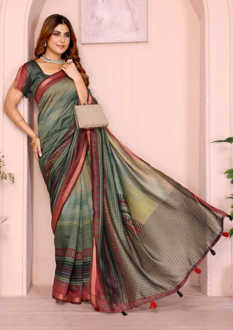 Light Green Silk Blend Saree Set with Zari Work for Diwali | Wedding & Festive Wear - Indya