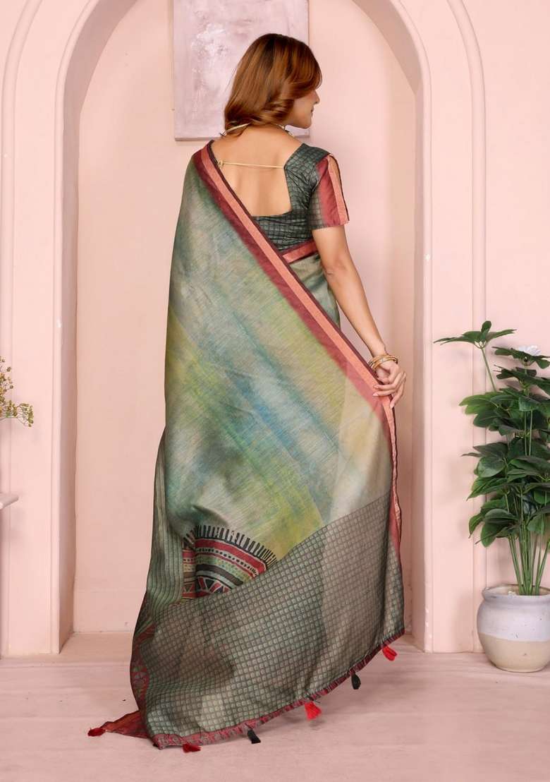 Light Green Silk Blend Saree Set with Zari Work for Diwali | Wedding & Festive Wear - Indya