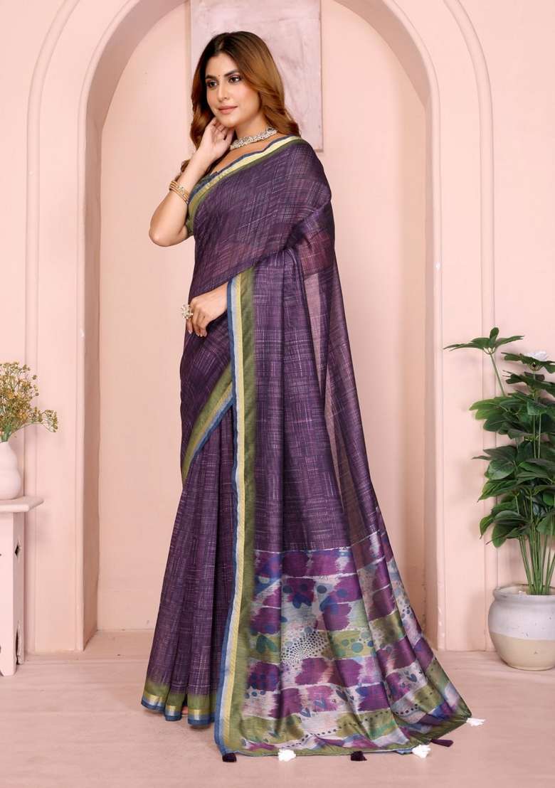 Wine Silk Blend Saree Set with Zari Work for Diwali | Wedding & Festive Wear - Indya