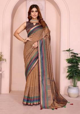 Brown Zari Work Silk Blend Saree Set
