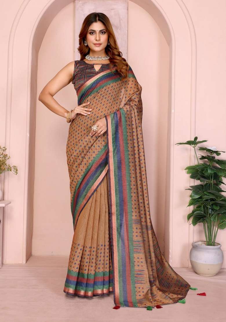 Brown Silk Blend Saree Set with Zari Work for Diwali | Wedding & Festive Wear - Indya