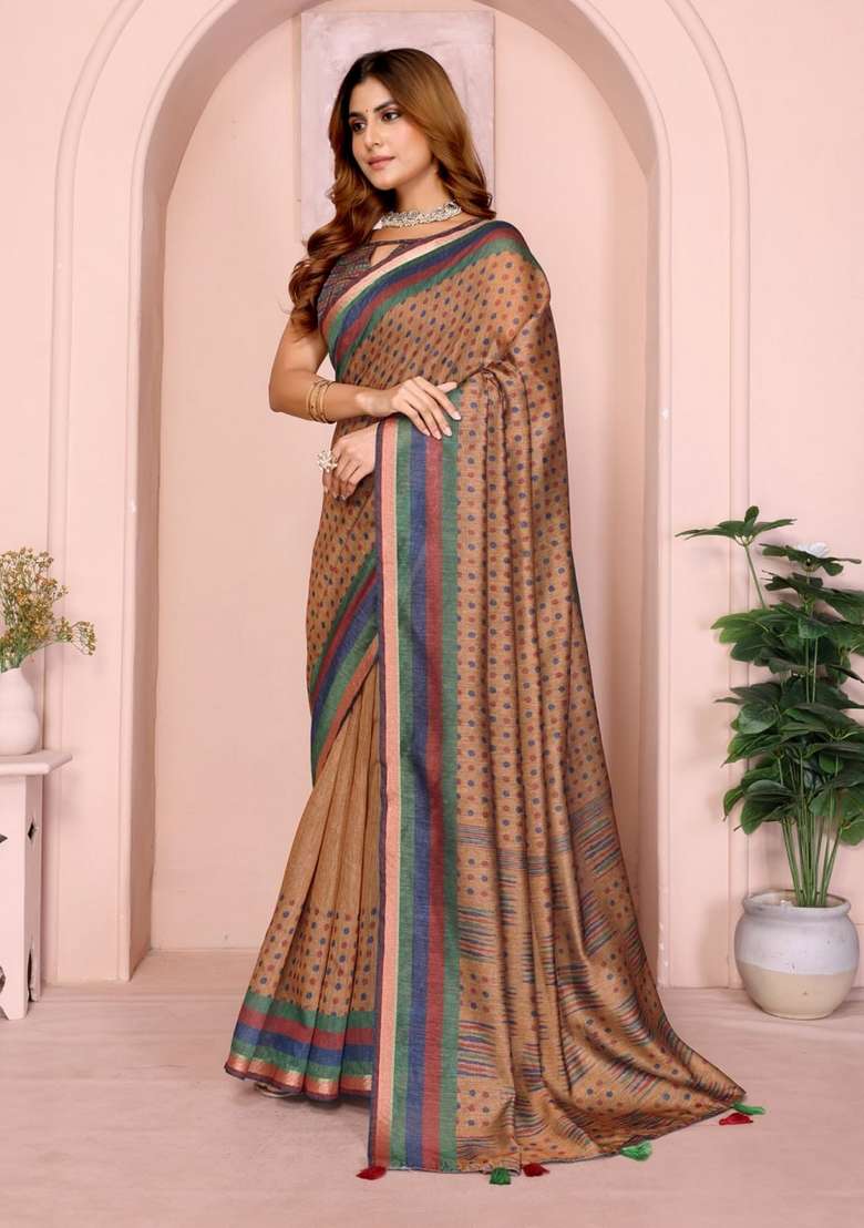 Brown Silk Blend Saree Set with Zari Work for Diwali | Wedding & Festive Wear - Indya