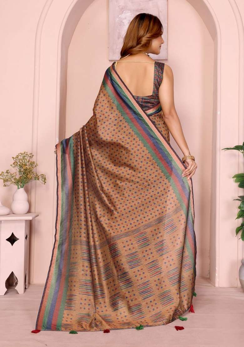 Brown Silk Blend Saree Set with Zari Work for Diwali | Wedding & Festive Wear - Indya