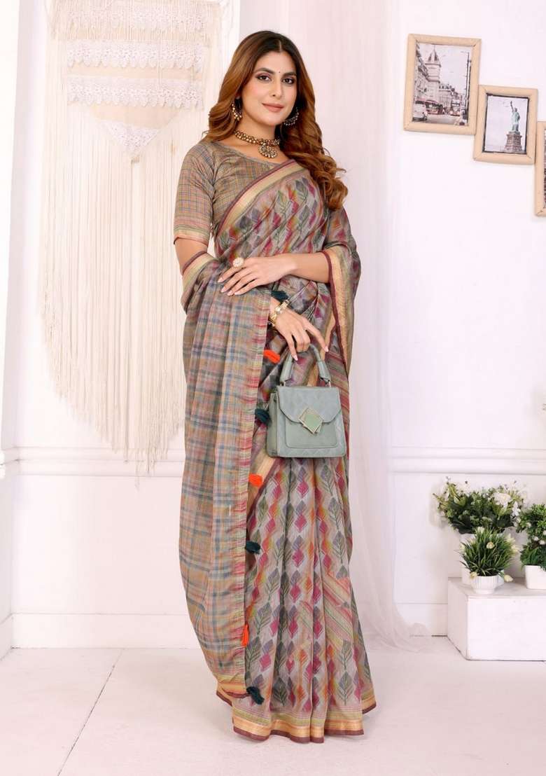 Cream Zari Work Silk Blend Saree Set for Diwali and Festive Wear - Indya