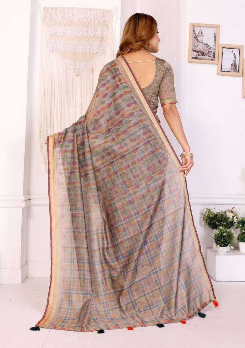 Cream Zari Work Silk Blend Saree Set for Diwali and Festive Wear - Indya