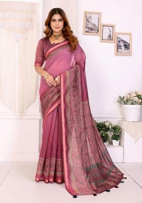 Baby Pink Zari Work Silk Blend Saree Set