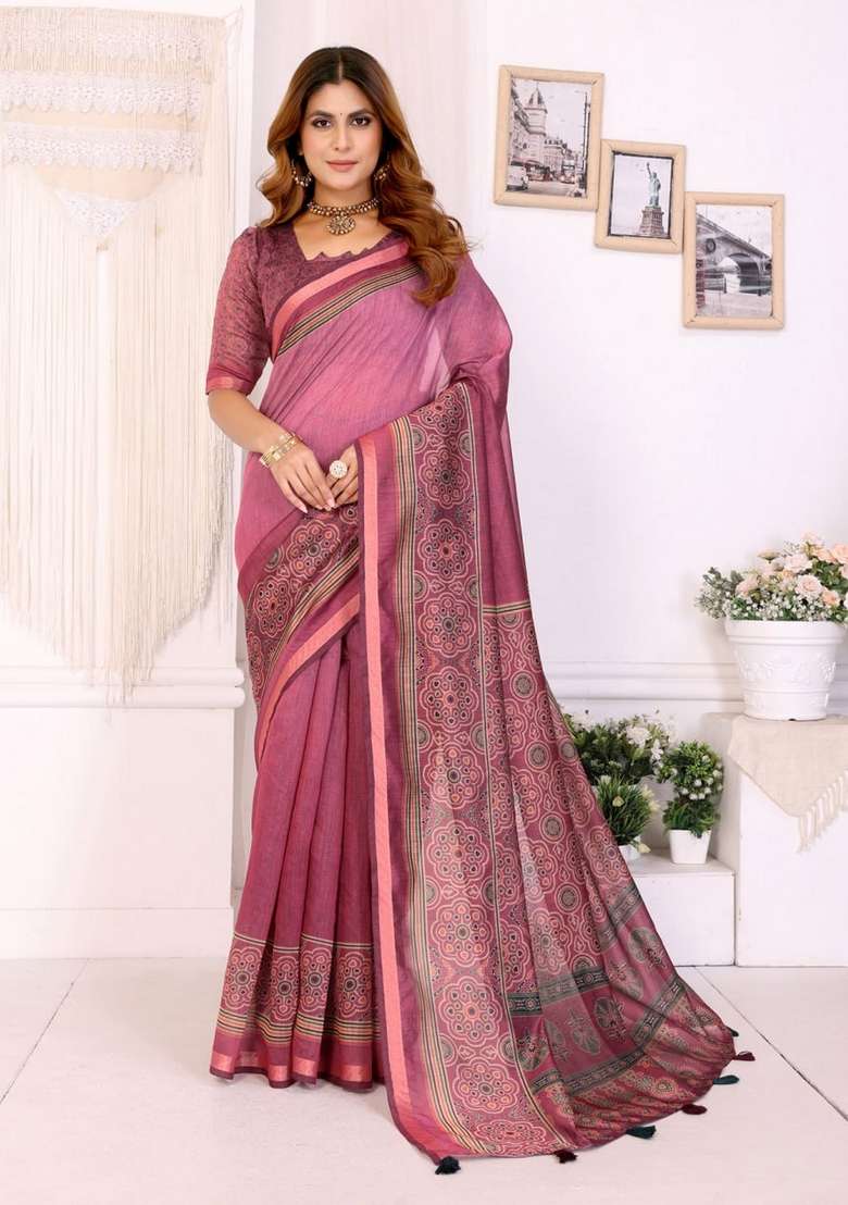 Baby Pink Zari Work Silk Blend Saree Set for Diwali and Festive Wear - Indya