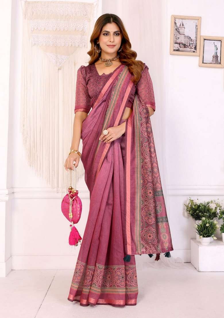 Baby Pink Zari Work Silk Blend Saree Set for Diwali and Festive Wear - Indya
