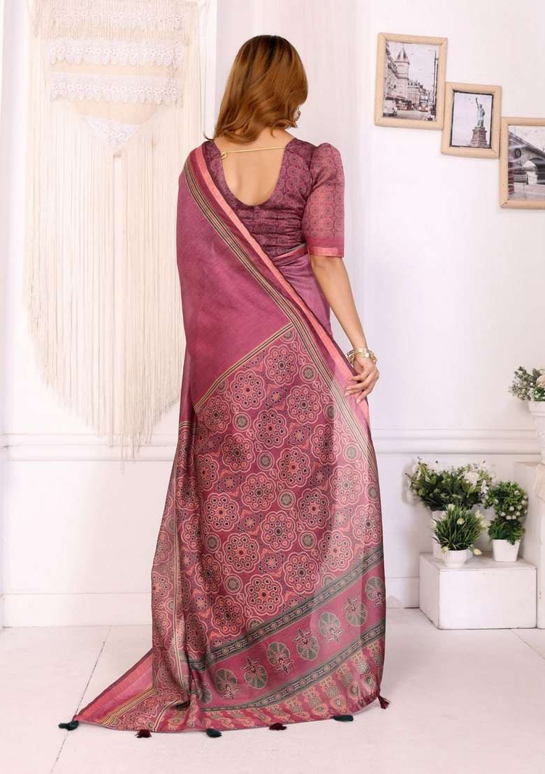 Baby Pink Zari Work Silk Blend Saree Set for Diwali and Festive Wear - Indya