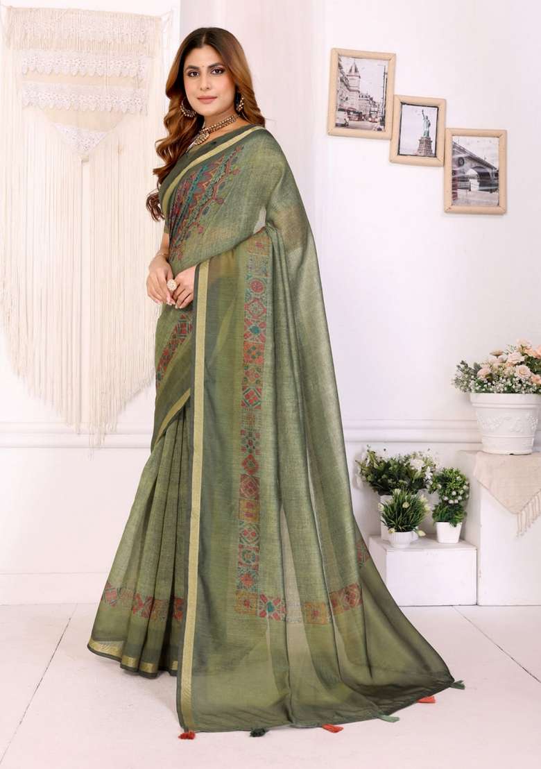 Mehendi Zari Work Silk Blend Saree Set for Diwali and Festive Wear - Indya