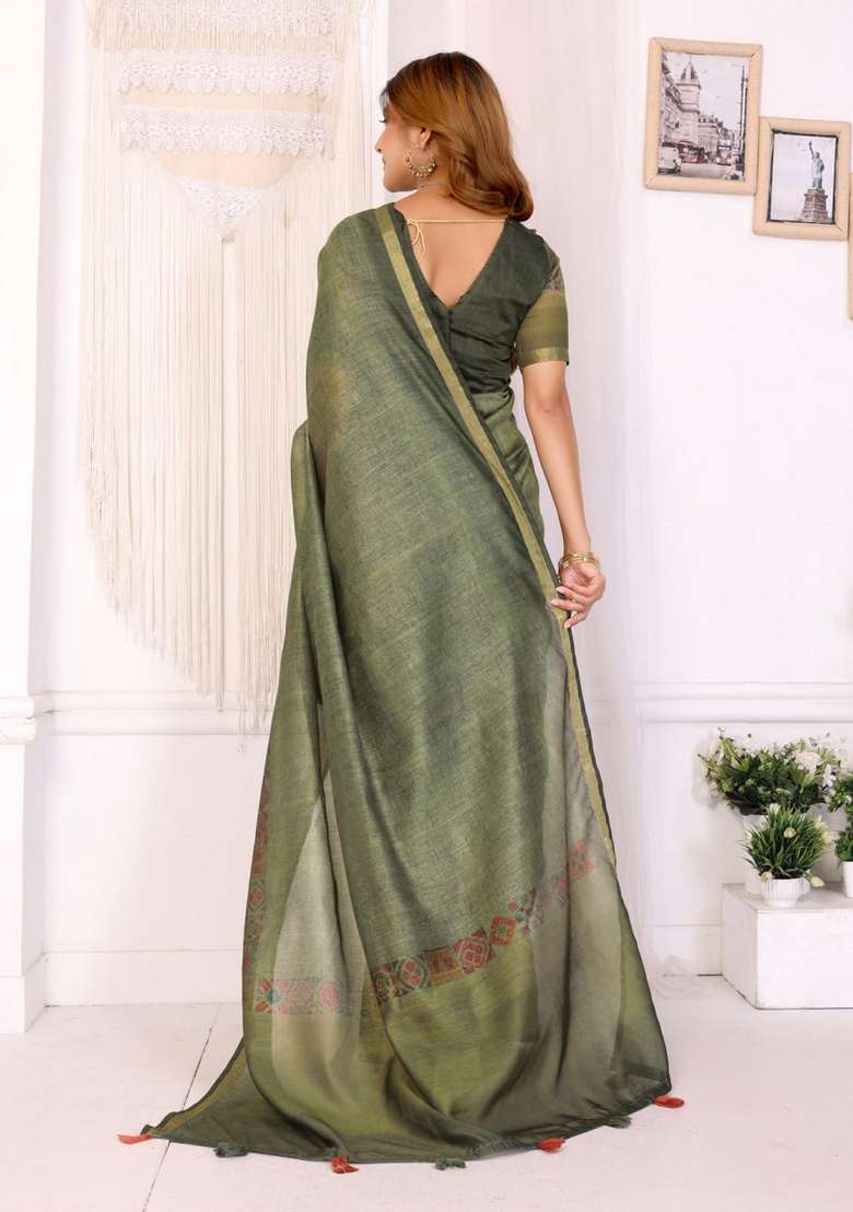 Mehendi Zari Work Silk Blend Saree Set for Diwali and Festive Wear - Indya