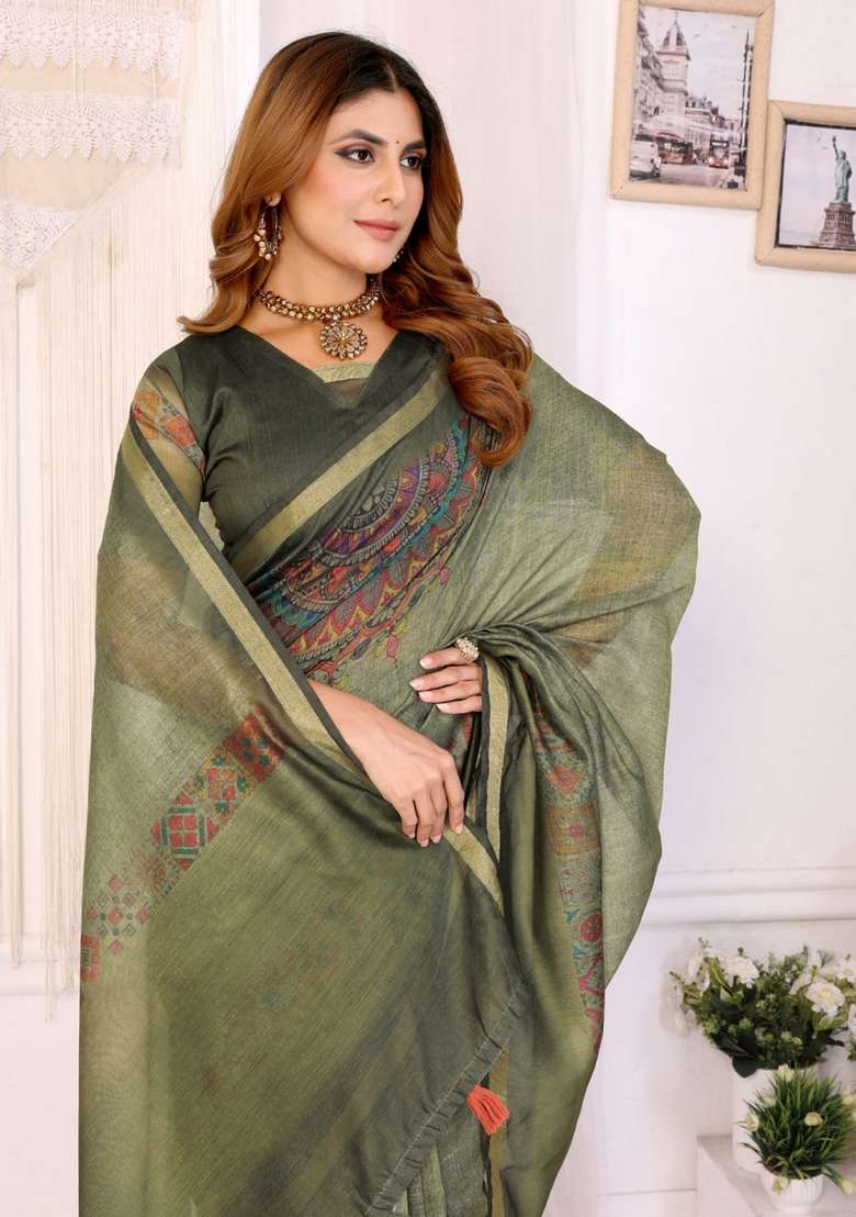 Mehendi Zari Work Silk Blend Saree Set for Diwali and Festive Wear - Indya