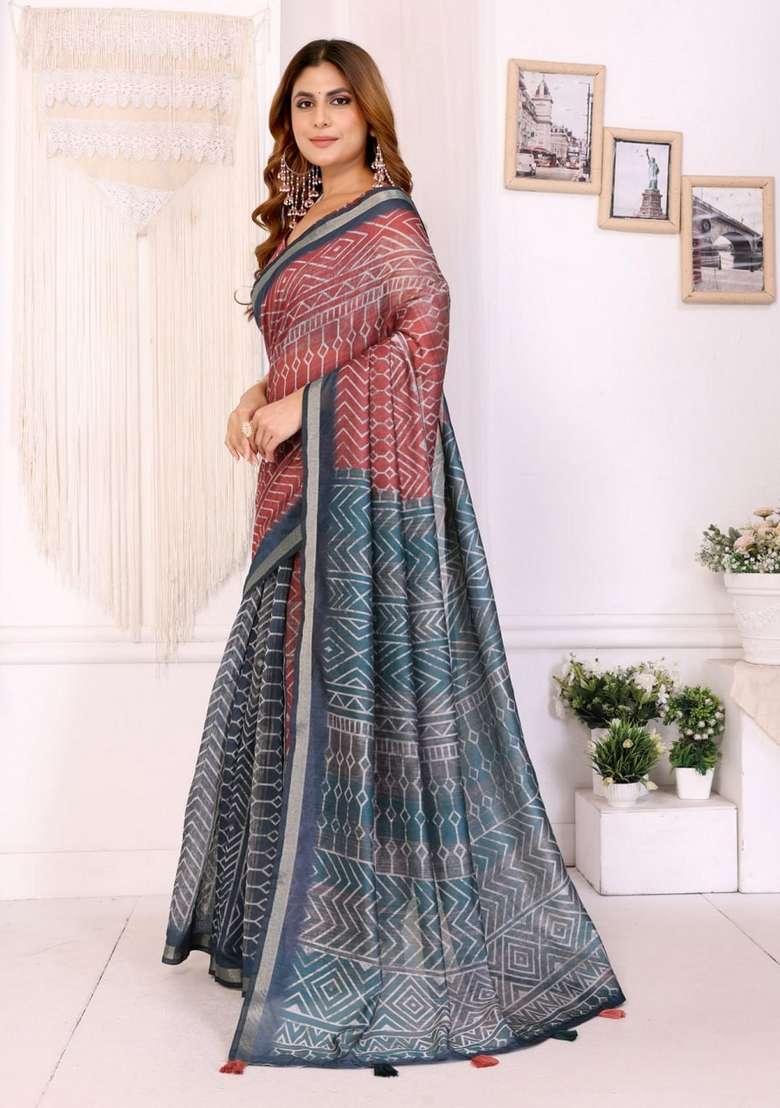 Orange Silk Blend Saree Set with Zari Work for Diwali | Wedding & Festive Wear - Indya
