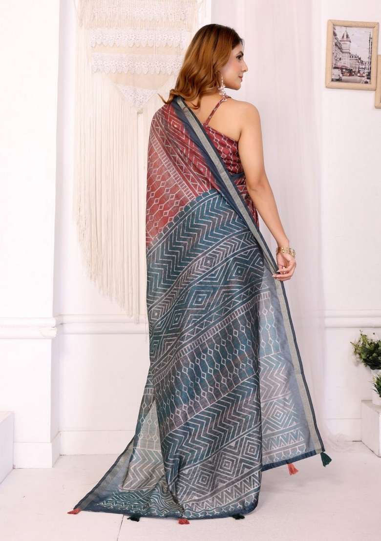Orange Silk Blend Saree Set with Zari Work for Diwali | Wedding & Festive Wear - Indya