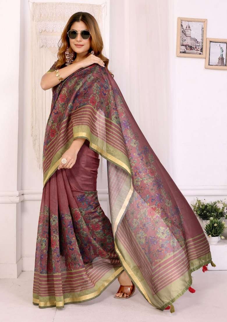 Onion Pink Zari Work Silk Blend Saree Set for Diwali and Festive Wear - Indya