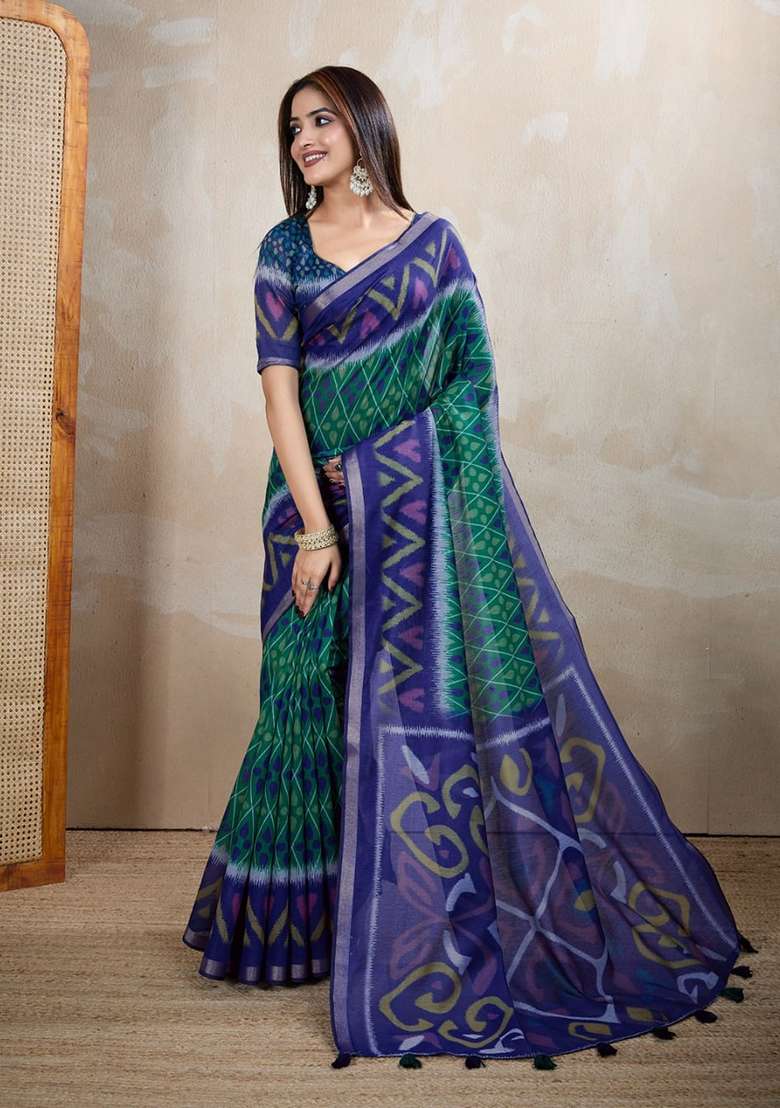 Light Green Zari Work Silk Blend Saree Set for Diwali and Festive Wear - Indya