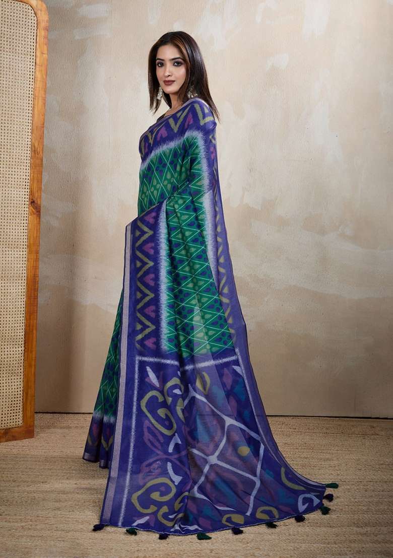 Light Green Zari Work Silk Blend Saree Set for Diwali and Festive Wear - Indya