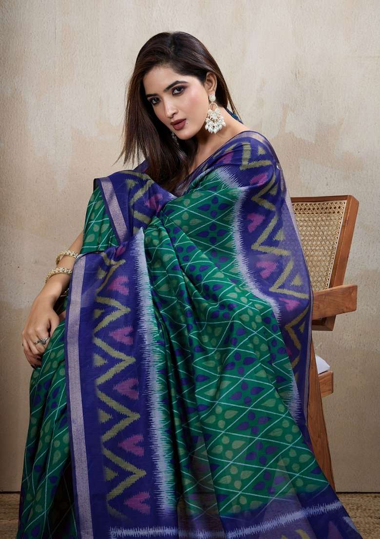 Light Green Zari Work Silk Blend Saree Set for Diwali and Festive Wear - Indya