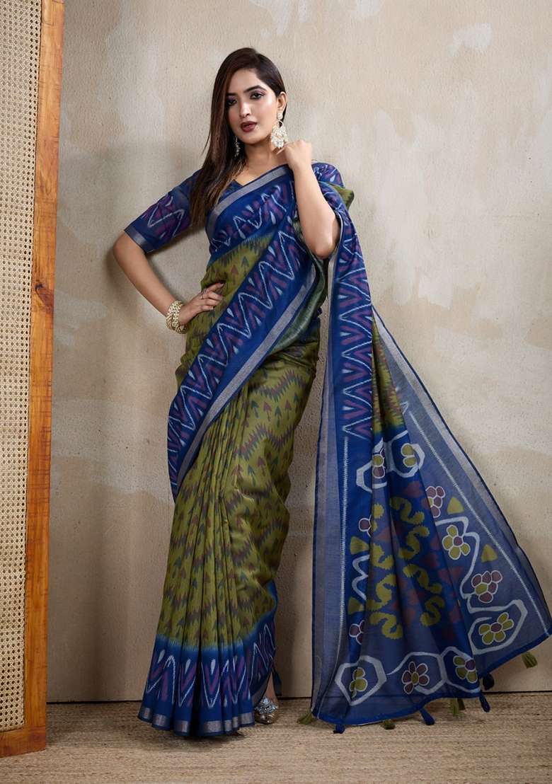Mehendi Zari Work Silk Blend Saree Set for Diwali and Festive Wear - Indya