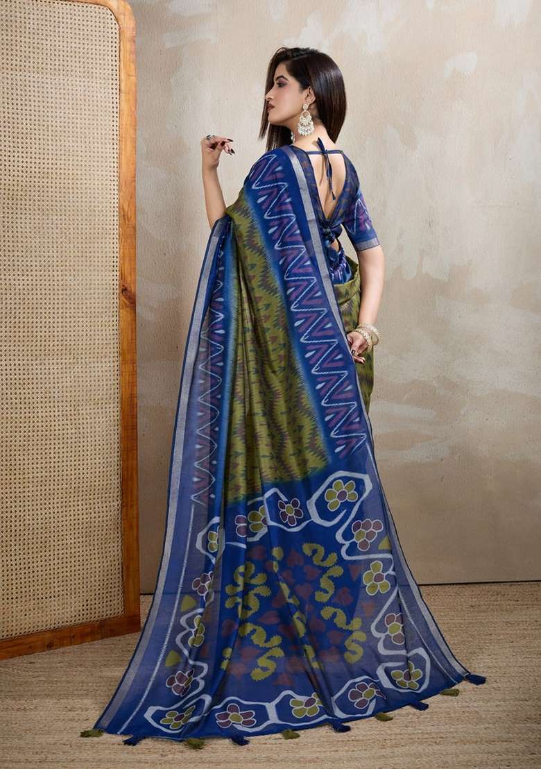 Mehendi Zari Work Silk Blend Saree Set for Diwali and Festive Wear - Indya
