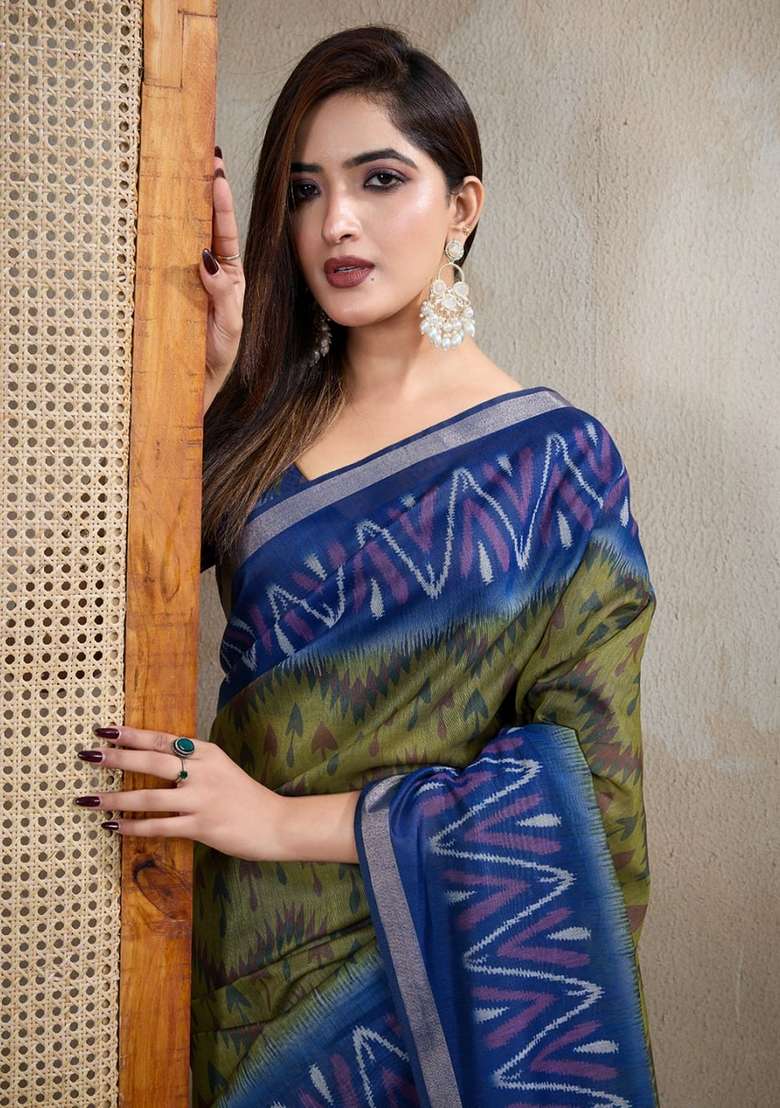 Mehendi Zari Work Silk Blend Saree Set for Diwali and Festive Wear - Indya