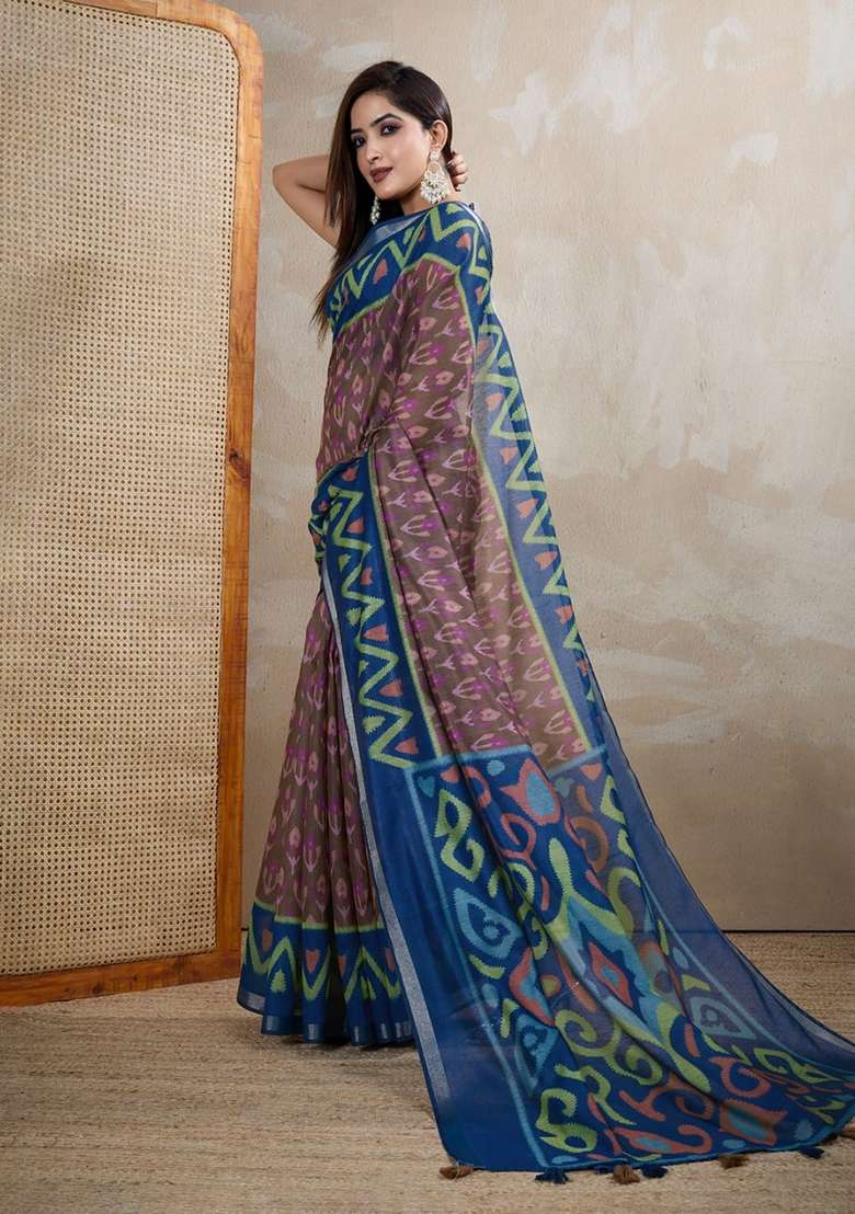 Brown Zari Work Silk Blend Saree Set for Diwali and Festive Wear - Indya