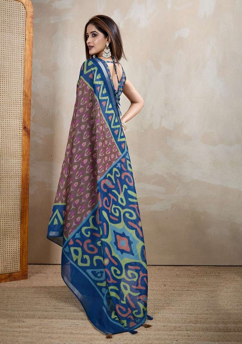 Brown Zari Work Silk Blend Saree Set for Diwali and Festive Wear - Indya