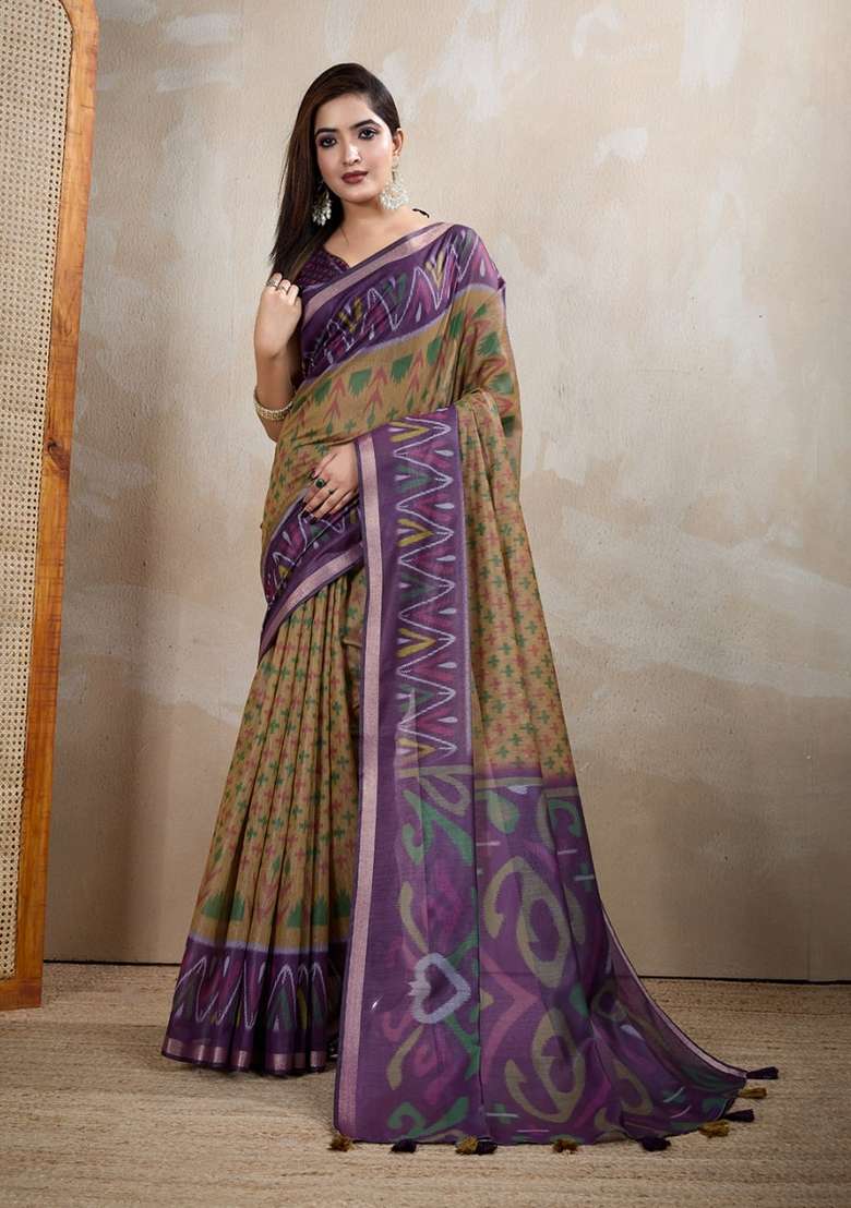 Mustard Zari Work Silk Blend Saree Set for Diwali and Festive Wear - Indya